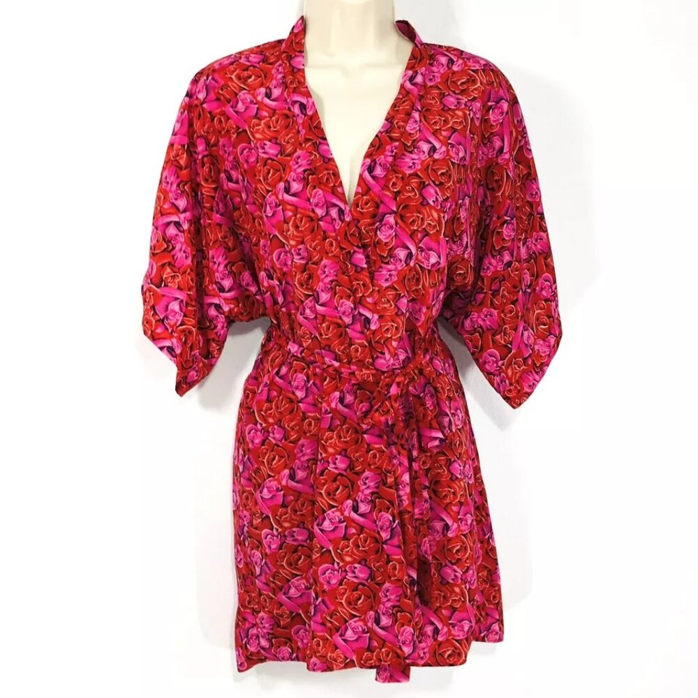 Vintage Lily of France Short Wrap Robe Sz M Pink Red Roses Kimono Sleeves